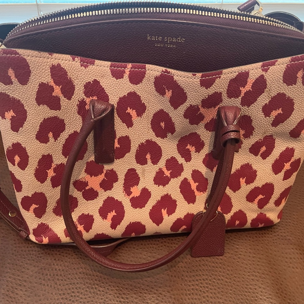 kate spade Leopard Print Leather Shoulder Bag in Beige and Burgundy